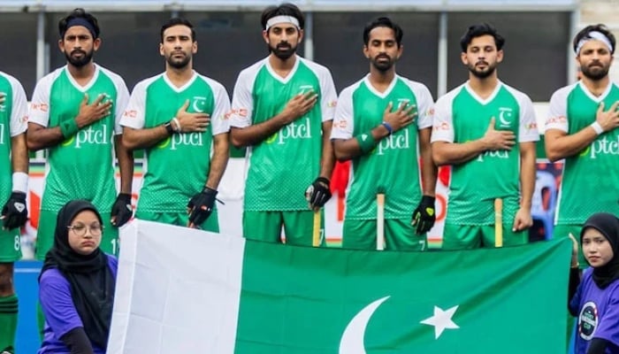 Pakistan players sing national anthem ahead of their FIH Nations Cup Pool B match against New Zealand at the National Hockey Stadium in Kuala Lumpur on June 18, 2025. — FIH/File
