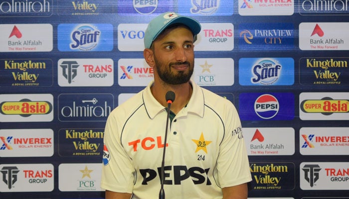 Pakistan Test skipper Shan Masood speaks at a post-match press conference after winning the Test series against England on October 26, 2024. — PCB