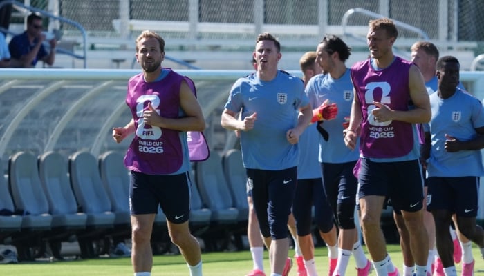 Englands Harry Kane (left) with teammates during training during Fifa World Cup 2026m at Swope Soccer Village, Kansas City, Missouri, US on June 13, 2026. — Reuters