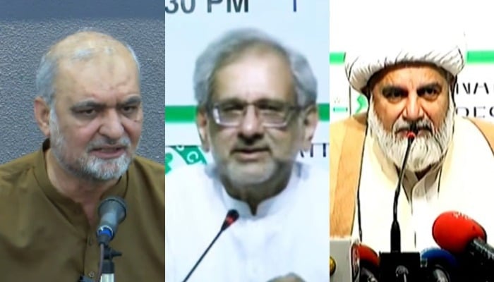 This collage shows Jamaat-e-Islami Emir Hafiz Naeemur Rehman (left), Awam Pakistan Party leader Shahid Khaqan Abbasi (centre), and Senate Opposition Leader Allama Raja Nasir Abbas. — Screengrab via Geo News