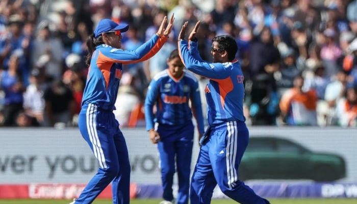Indias Deepti Sharma (right) and Smriti Mandhana celebrate a wicket during their Womens T20 World Cup fixture against Pakistan at Edgbaston in Birmingham, UK, June 14, 2026. — ICC