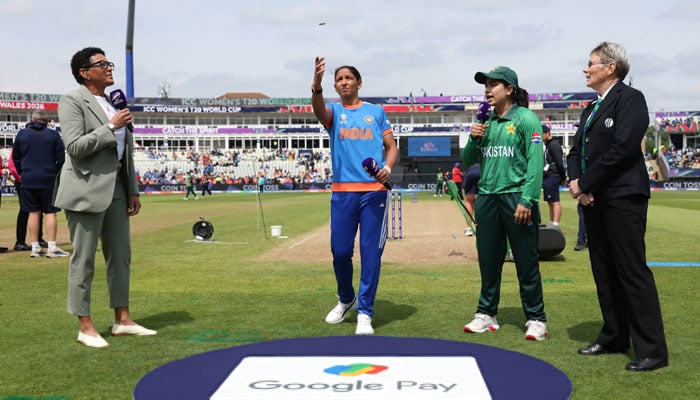 Pakistan captain Fatima Sana (centre) and Indian skipper Harmanpreet Kaur at the toss for their Womens T20 World Cup fixture at Edgbaston in Birmingham, UK, June 14, 2026. — X/@TheRealPCB