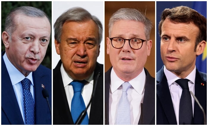 (From left to right) Turkiye President Recep Tayyip Erdogan, UN chief Antonio Guterres, British PM Keir Starmer, and French President Emmanuel Macron. — Reuters/File