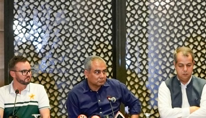 (From left) White-ball head coach Mike Hesson, Pakistan Cricket Board (PCB) Mohsin Naqvi and Chief Operating Officer of the PCB Sumair Ahmed Syed addressing the media in Lahore on June 15, 2026. — PCB