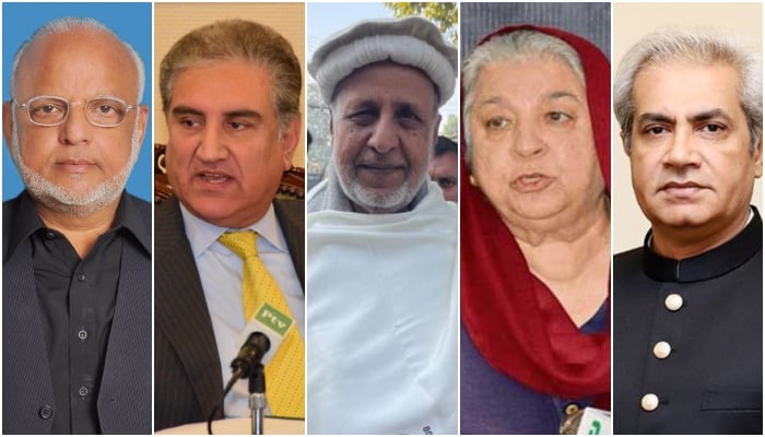 (From left to right) PTI leaders Ejaz Chaudhary, Shah Mahmood Qureshi, Mahmood-ur-Rashid, Yasmin Rashid and Omar Sarfraz Cheema. — Senate of Pakistan/X@Mian_MUR/@OmarCheemaPTI/@SMQureshiPTI