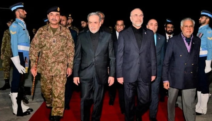 Deputy Prime Minister Ishaq Dar (right) and Field Marshal Syed Asim Munir (left) receive Iranian Parliament Speaker Mohammad Bagher Ghalibaf (centre-right) and Foreign Minister Abbas Araghchi (centre-left), Islamabad, April 11, 2026. — Reuters
