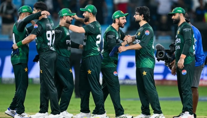 Pakistan players celebrate their win over Bangladesh in the Super Four match of the ACC Men’s T20 Asia Cup 2025 at the Dubai International Cricket Stadium in Dubai on September 25, 2025. — AFP