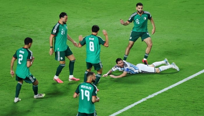 Argentinas Lionel Messi in action with Algerias Rayan Ait Nouri, Houssem Aouar, Ramy Bensebaini, Aissa Mandi and Nabil during Fifa World Cup 2026 Group J match at Kansas City Stadium, Kansas City, Missouri, US,  June 16, 2026. — Reuters