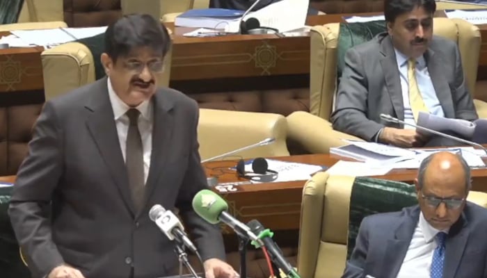 Sindh Chief Minister Murad Ali Shah presents the provincial budget for the financial year 2026-27 during a Sindh Assembly session, Karachi, June 17, 2026. — Screengrab via YouTube/Geo News