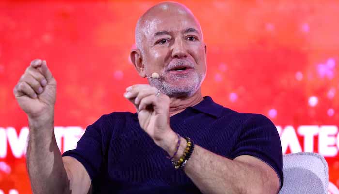 Jeff Bezos, founder of Amazon and Blue Origin, and co-founder and co-CEO of Prometheus, gestures as he speaks during the 10th edition of the VivaTech technology startups and innovation fair in Paris, France, June 17, 2026.— Reuters