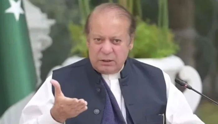 Former prime minister and PML-N President Nawaz Sharif speaks during a gathering of the newly elected parliamentarians in Lahore, November 26, 2025. — Screengrab via YouTube/Geo News