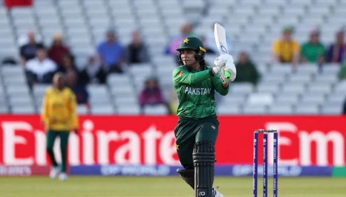 Pakistan captain Fatima Sana plays a shot during their ICC Womens T20 World Cup match against South Africa at Edgbaston in Birmingham on June 17, 2026. — ICC
