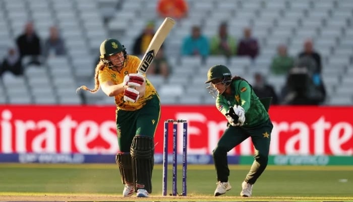 South African batter Annerie Dercksen (left) plays a shot during their ICC Women’s T20 World Cup 2026 match against Pakistan at Edgbaston in Birmingham on June 17, 2026. – ICC