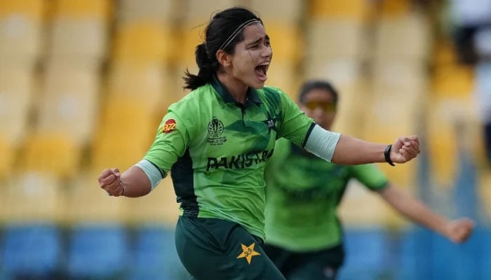 Fatima Sana celebrates after taking the wicket of Tazmin Brits (not pictured) during the ICC Womens Cricket World Cup India 2025 match against South Africa at R. Premadasa Stadium on October 21, 2025, in Colombo, Sri Lanka. —  ICC
