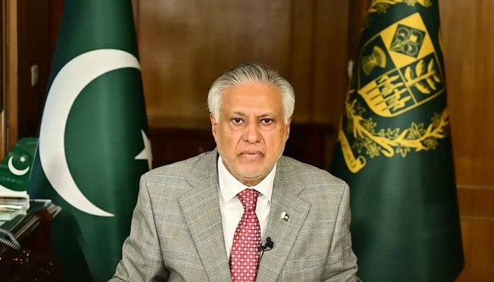 Deputy Prime Minister and Foreign Minister Ishaq Dar delivers a keynote address via a recorded video message at the seminar on transboundary water resources. — X/@ForeignOfficePk