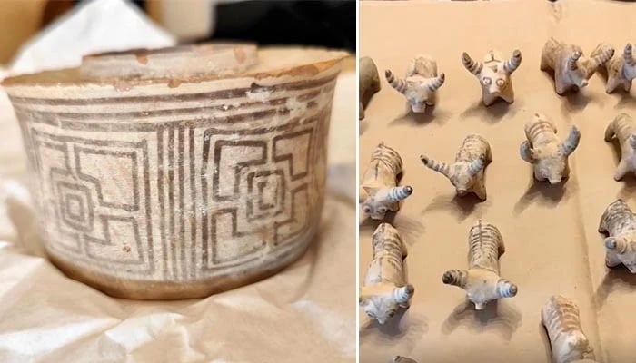 This collage shows ancient artefacts recovered in Italy and returned to Pakistan in November 2025. — Pakistans Embassy in Rome