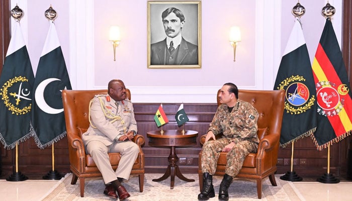 Chief of Defence Staff of the Republic of Ghana Lieutenant General William Agyapon (left) calls on CDF Asim Munir at General Headquarters (GHQ), Rawalpindi on June 18, 2026. — ISPR