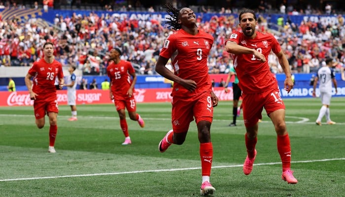 Switzerlands Johan Manzambi celebrates scoring their third goal with Ricardo Rodriguez during the Fifa World Cup 2026 Group B match against Bosnia and Herzegovina, Los Angeles Stadium, Inglewood, California, US, June 18, 2026. — Reuters
