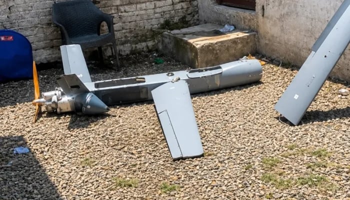 The wreckage of a rudimentary drone shot down by Pakistan in Khyber district, Khyber Pakhtunkhwa, June 19, 2026. — X/@FactCheckerMoIB