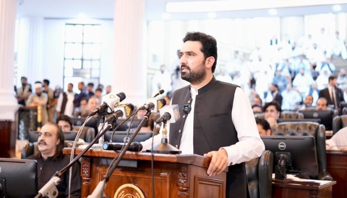Khyber Pakhtunkhwa Chief Minister Sohail Afridi presents the provincial budget for the fiscal year 2026-27 during a KP Assembly session in Peshawar, June 19, 2026. — X/@GovernmentKP