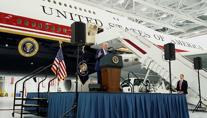 US President Donald Trump delivers a speech as he stands in front of the VC-25B aircraft gifted by Qatar that will be used as Air Force One, at Joint Base Andrews, Maryland, US, June 19, 2026. — Reuters
