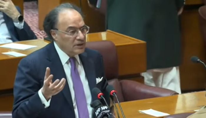 Finance Minister Muhammad Aurangzeb adresses National Assemly in Islamabad on June 20, 2026. — Geo News