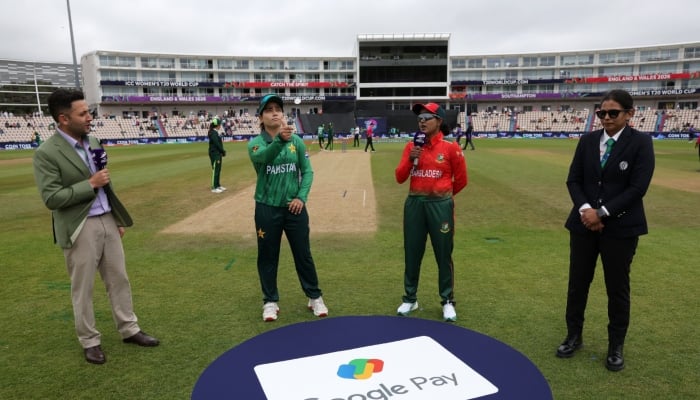 Pakistan captain Fatima Sana (second from left) and Bangladeshs Nigar Sultana (second from right) at the toss for their ICC Womens T20 World Cup match at The Rose Bowl in Southampton on June 20, 2026. — PCB