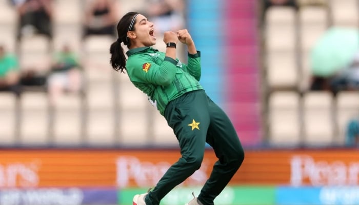 Pakistans Fatima Sana celebrates taking a wicket during their ICC Womens T20 World Cup match against Bangladesh at The Rose Bowl in Southampton on June 20, 2026. — ICC