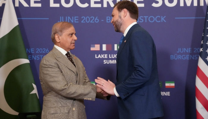 Prime Minister Shehbaz Sharif meets US Vice President JD Vance during high-level talks aimed at advancing a deal to end the Middle East conflict, at the Buergenstock Resort Lake Lucerne, near Stansstad, Switzerland, June 21, 2026. — Reuters