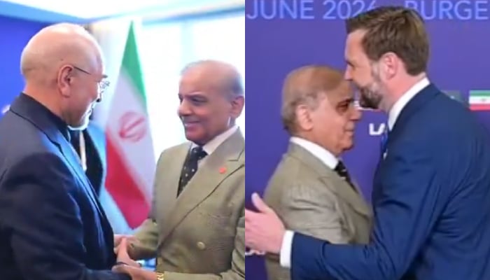 This collage of photos shows Prime Minister Shehbaz Sharif meeting Iranian Parliament Speaker Mohammad Bagher Ghalibaf (left) and US Vice President JD Vance. — Screengrab via YouTube/Geo News