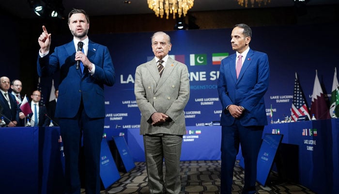 US Vice President JD Vance makes an opening statement next to PM Shehbaz Sharif and Qatars Prime Minister Sheikh Mohammed bin Abdulrahman bin Jassim Al-Thani at the Lake Lucerne Summit, June 21, 2026. — Reuters