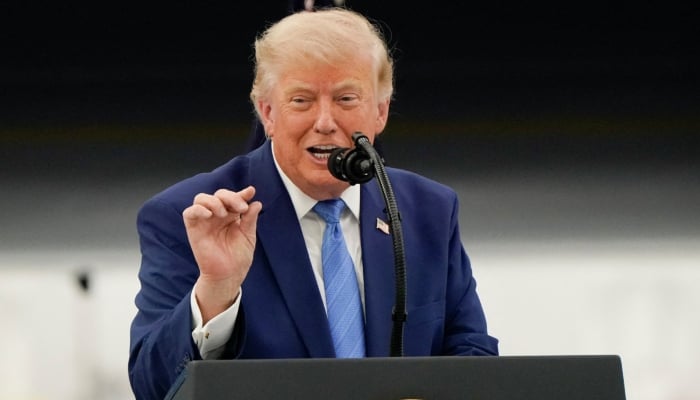 US President Donald Trump delivers a speech as he stands in front of the VC-25B aircraft gifted by Qatar that will be used as Air Force One, at Joint Base Andrews, Maryland, US, June 19, 2026. — Reuters
