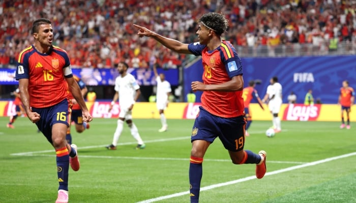 Lamine Yamal of Spain celebrates with teammate Rodri after scoring his teams first goal during the Fifa World Cup 2026 Group H match between Spain and Saudi Arabia at Atlanta Stadium in Atlanta, Georgia, June 21, 2026. — AFP