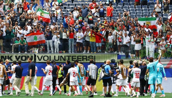 Iran fans celebrate with their players after the Fifa World Cup 2026 Group G match against Belgium, Los Angeles Stadium, Inglewood, California, US, June 21, 2026. — Reuters