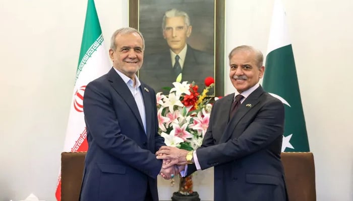 Iranian President Masoud Pezeshkian meets Prime Minister Shehbaz Sharif in Islamabad, August 3, 2025, during his first visit to Pakistan last year. — Reuters