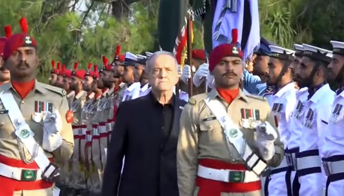 Iranian President Masoud Pezeshkian receives guard of honour at PMs House. — Screengrab via Geo News