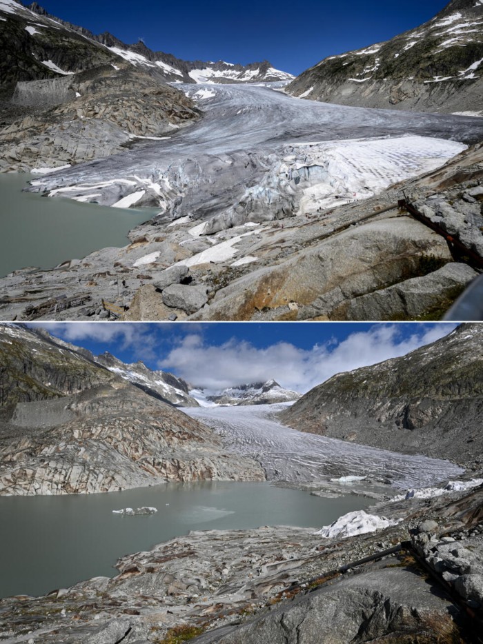 The Rhone Glacier in July 2015 (top) and September 2024 (bottom). — AFP