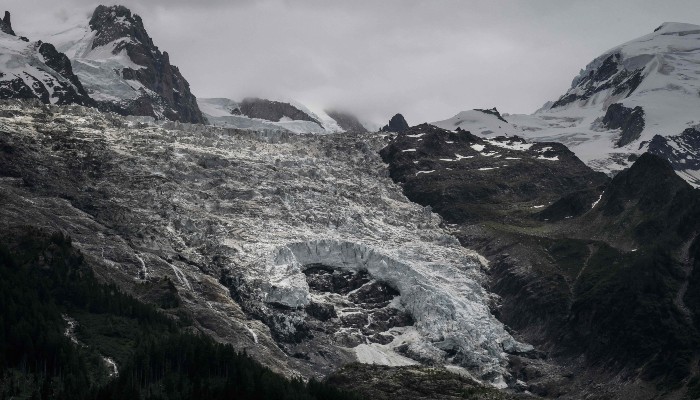This photograph shows a view of a hole on the Bossons glacier in the Mont-Blanc massif of the Alps in the Chamonix valley, central-eastern France on June 17, 2026. — AFP