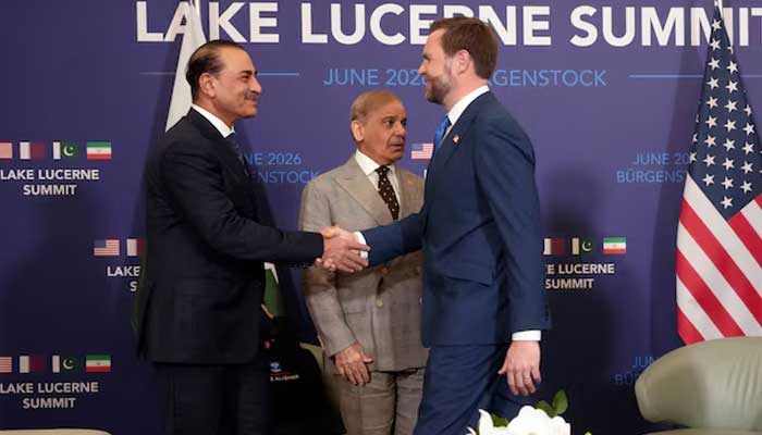US Vice President JD Vance shakes hands with Chief of Army Staff Field Marshal Asim Munir, next to Prime Minister Shehbaz Sharif, as they meet for high-level talks aimed at advancing a deal to end the Middle East conflict, at the Buergenstock Resort Lake Lucerne, near Stansstad, Switzerland, June 21, 2026. — Reuters