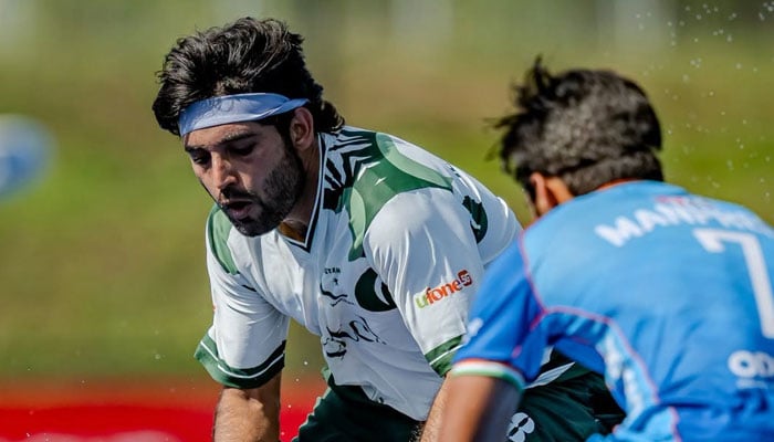 Pakistan and India players in action during their FIH Pro League match at the Lee Valley Hockey and Tennis Centre in London on June 23, 2026. — Facebook/fihockey