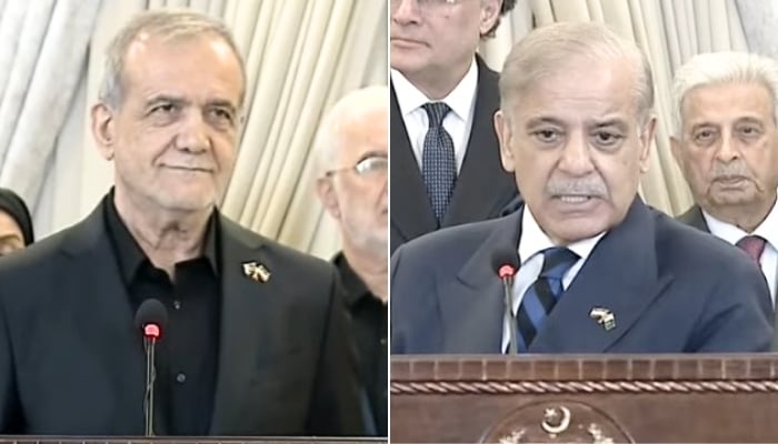 Prime Minister Shehbaz Sharif (right) and Iranian President Masoud Pezeshkian address the joint press conference after delegation-level talks in Islamabad on June 23, 2026. — Screengrab via Geo News