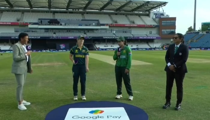 Pakistan captain Fatima Sana (second from left) and Australian skipper Sophie Molineux (second from right) at the toss for their Womens T20 World Cup 2026 at Headingley, Leeds, June 23, 2026. Screengrab via livestream