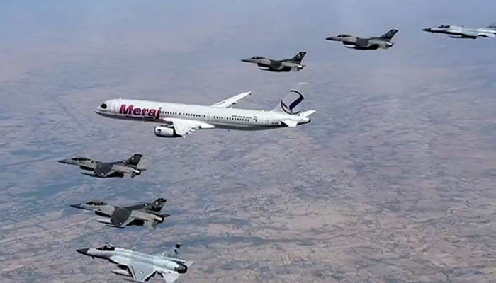 A six-aircraft formation comprising JF-17 Thunder and F-16 fighter jets accompanied the presidential aircraft. — APP