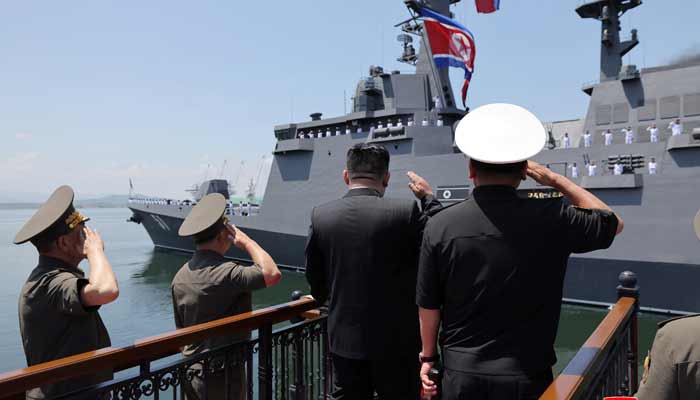 North Korean leader Kim Jong Un salutes during the commissioning ceremony of the new multipurpose destroyer Choe Hyon at Nampho port, North Korea, June 23, 2026, in this picture released by North Koreas official Korean Central News Agency.— Reuters