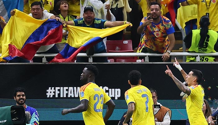 Colombias Daniel Munoz celebrates scoring their first goal with Luis Diaz and Davinson Sanchez against DR Congo during FIFA World Cup 2026 Group K clash at Estadio Guadalajara, Guadalajara, Mexico, June 23, 2026. — Reuters