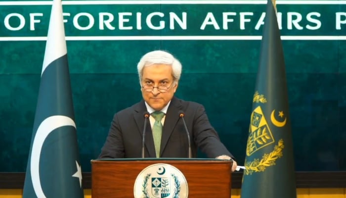 Foreign Office Spokesperson Tahir Hussain Andrabi addresses the weekly press briefing at Ministry of Foreign Affairs, Islamabad on June 24, 2026. — Screengrab via X/@ForeignOfficePk