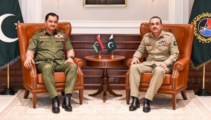 Libyan Arab Armed Forces Deputy Commander-in-Chief Lieutenant General Saddam Khalifa Haftar (left) calls on Field Marshal Syed Asim Munir at GHQ, Rawalpindi, June 24, 2026. — ISPR