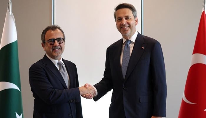 Federal Minister for Energy Sardar Awais Ahmad Khan Leghari (left) shakes hands with Turkiye Minister of Energy and Natural Resources Dr Alparslan Bayraktar during a consultative meeting in Istanbul. — X/@MoWP15