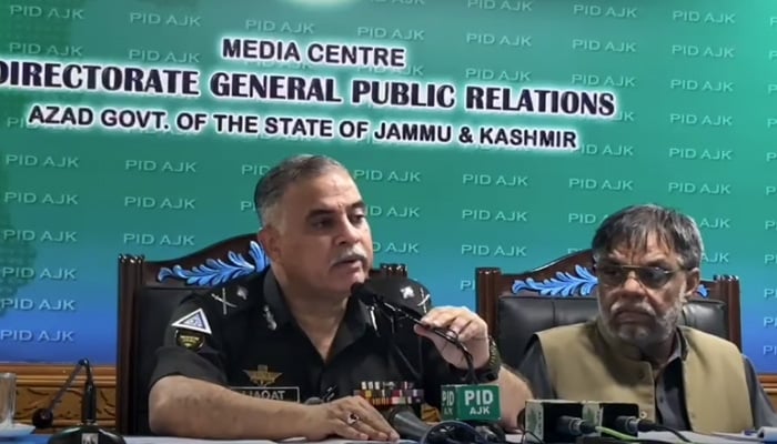 Azad Jammu and Kashmir Inspector General of Police captain (retd) Liaqat Ali Malik addresses the press conference on June 25, 2026. — Screengrab via Facebook/@ajkpolice