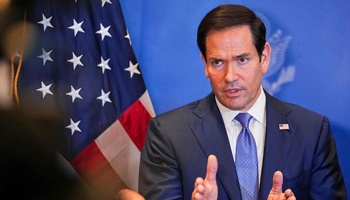 US Secretary of State Marco Rubio speaks with members of the media before departing from Bahrain international airport after his visit to the Middle East to discuss the interim deal between the US and Iran with Arab Gulf allies, in Manama on June 25, 2026. — AFP